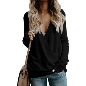 Womens Casual Long Sleeve Wrap Fall Sweaters Tops V Neck Solid Color Oversized P